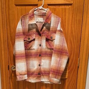 Altar'd State Plaid Button-Up Shacket in Cream, Rust & Pink